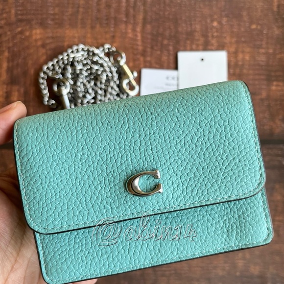 NWT Coach Half Flap Leather Card Case with Chain Strap in Faded Blue Color - Picture 6 of 6